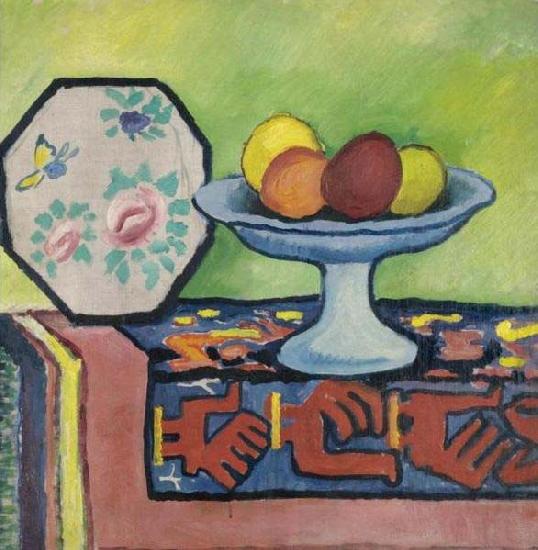 August Macke Still-life with bowl of apples and japanese fan oil painting image